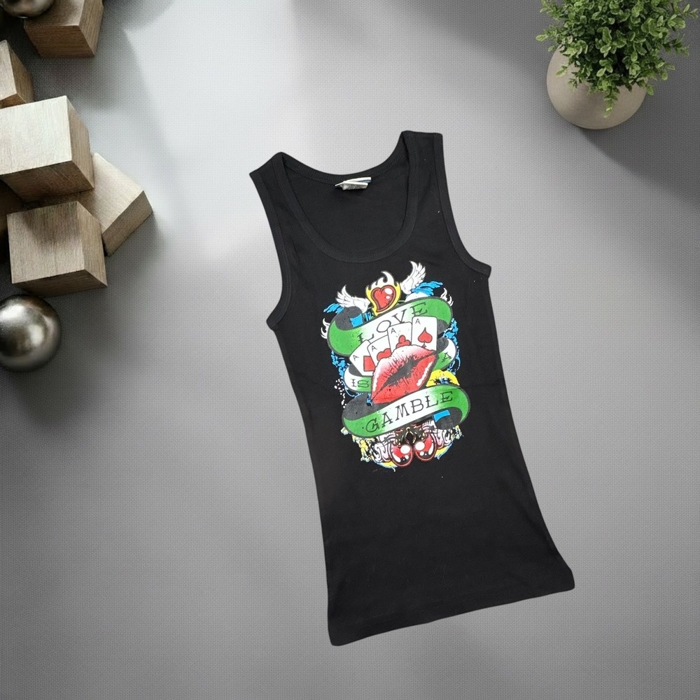 Las Olas Vintage Y2K Love Is A Gamble Tattoo Graphic Ribbed Tank Top Black XS